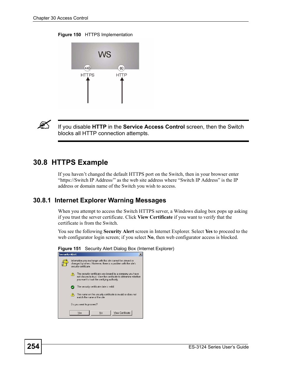 8 https example, 1 internet explorer warning messages | ZyXEL Communications ES-3124 User Manual | Page 254 / 354