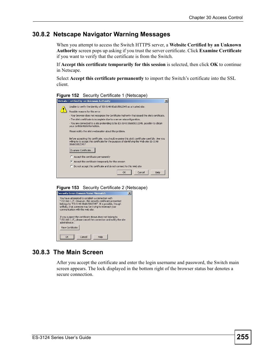 2 netscape navigator warning messages, 3 the main screen | ZyXEL Communications ES-3124 User Manual | Page 255 / 354