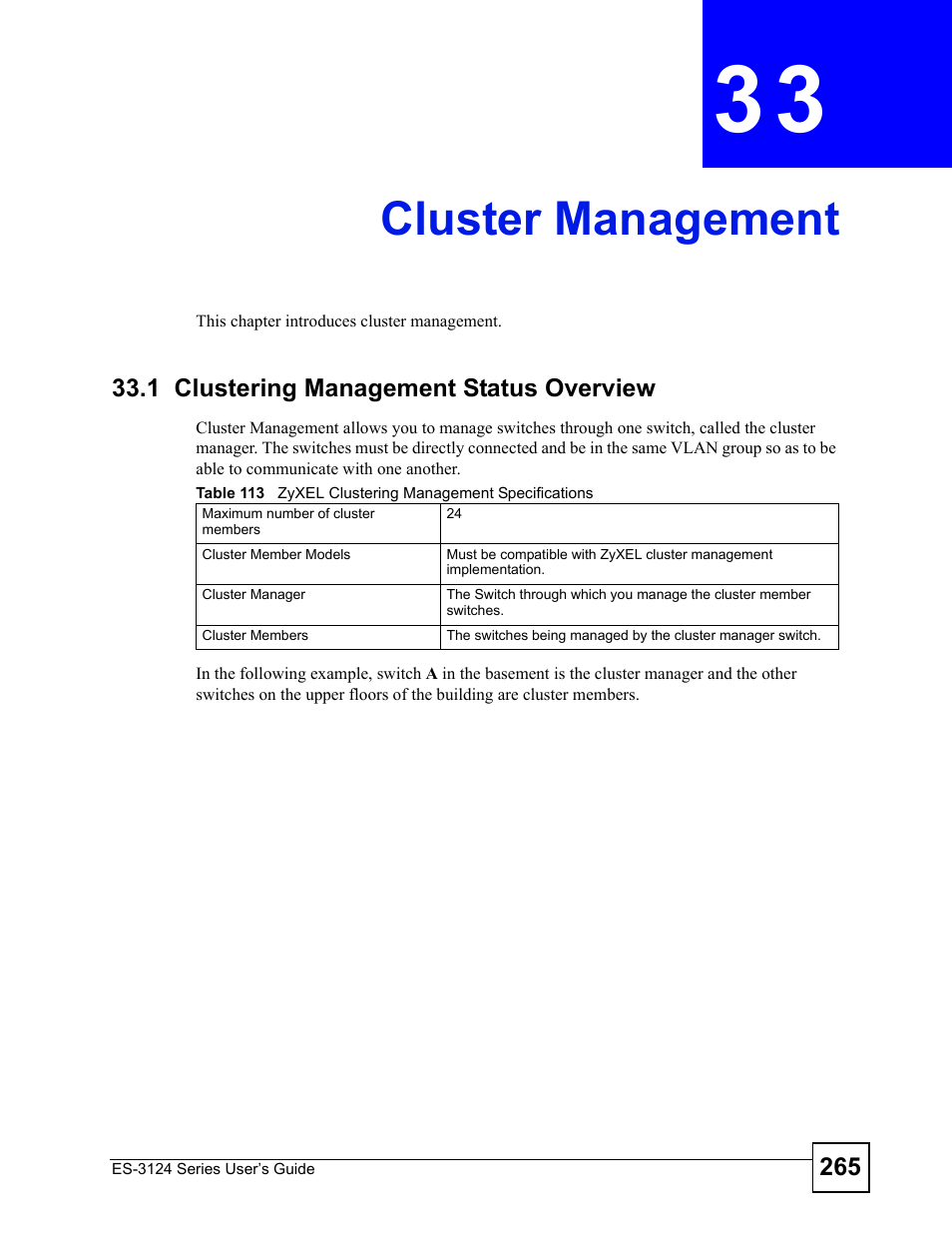 Cluster management, 1 clustering management status overview, Chapter 33 cluster management | Cluster management (265) | ZyXEL Communications ES-3124 User Manual | Page 265 / 354