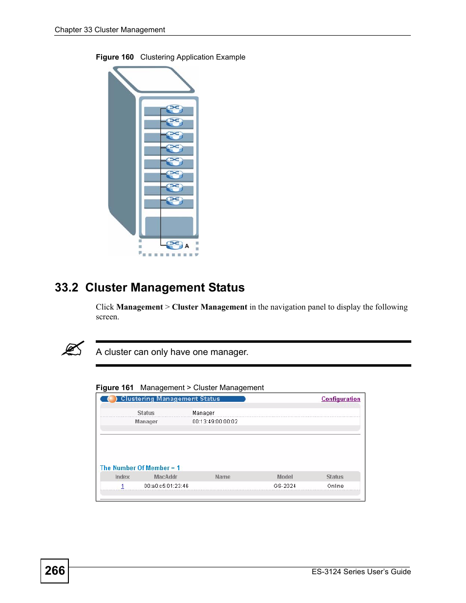 2 cluster management status | ZyXEL Communications ES-3124 User Manual | Page 266 / 354