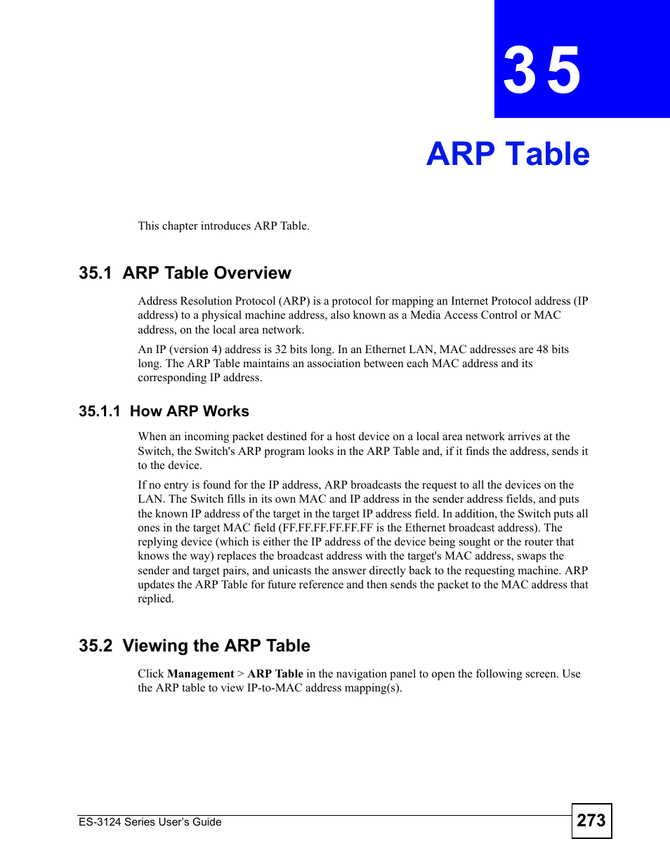 Arp table, 1 arp table overview, 1 how arp works | 2 viewing the arp table, Chapter 35 arp table, Arp table (273) | ZyXEL Communications ES-3124 User Manual | Page 273 / 354