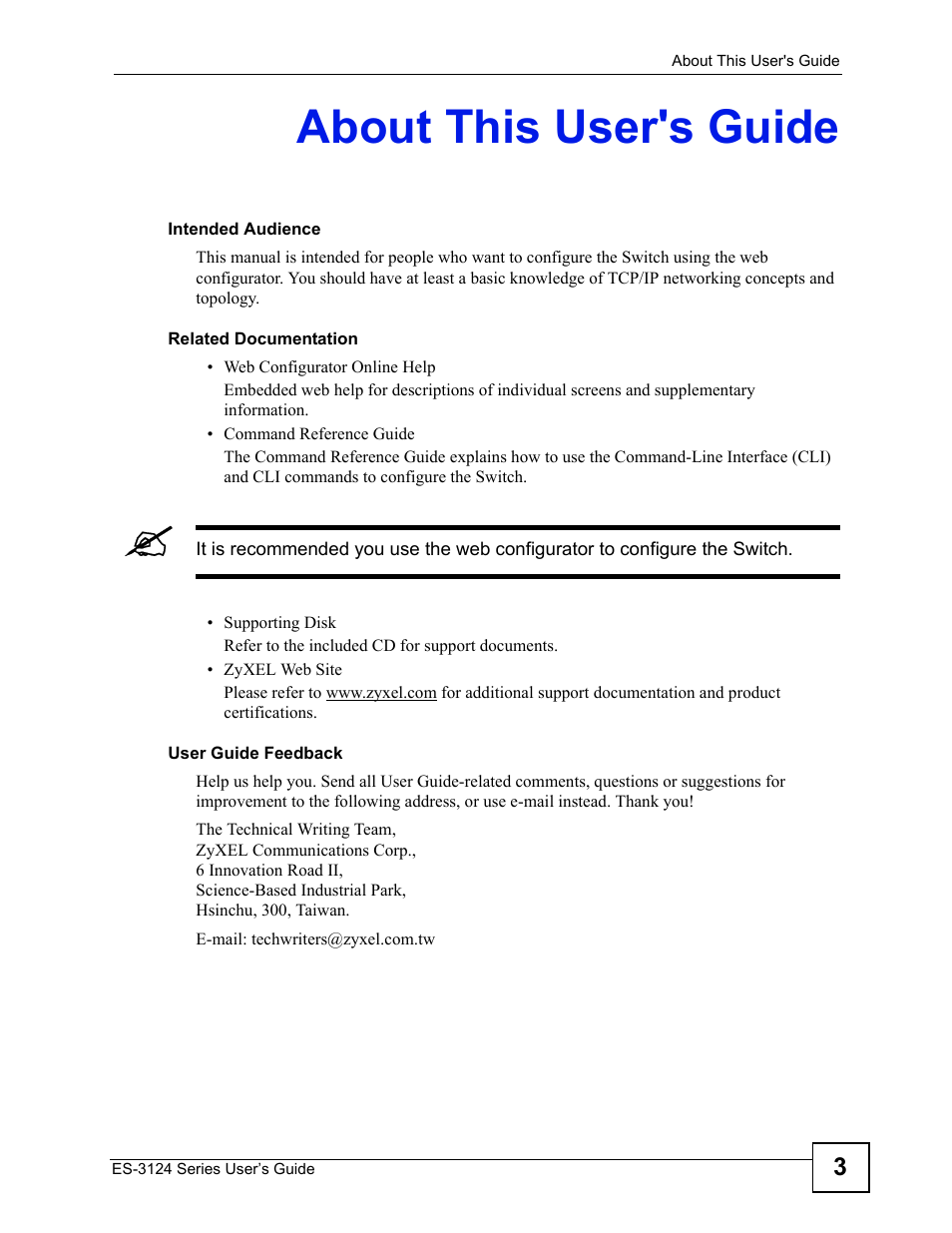 About this user's guide | ZyXEL Communications ES-3124 User Manual | Page 3 / 354