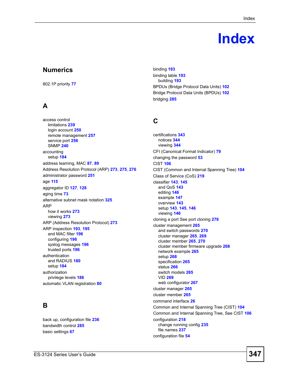 Index, Index (347), Numerics | ZyXEL Communications ES-3124 User Manual | Page 347 / 354