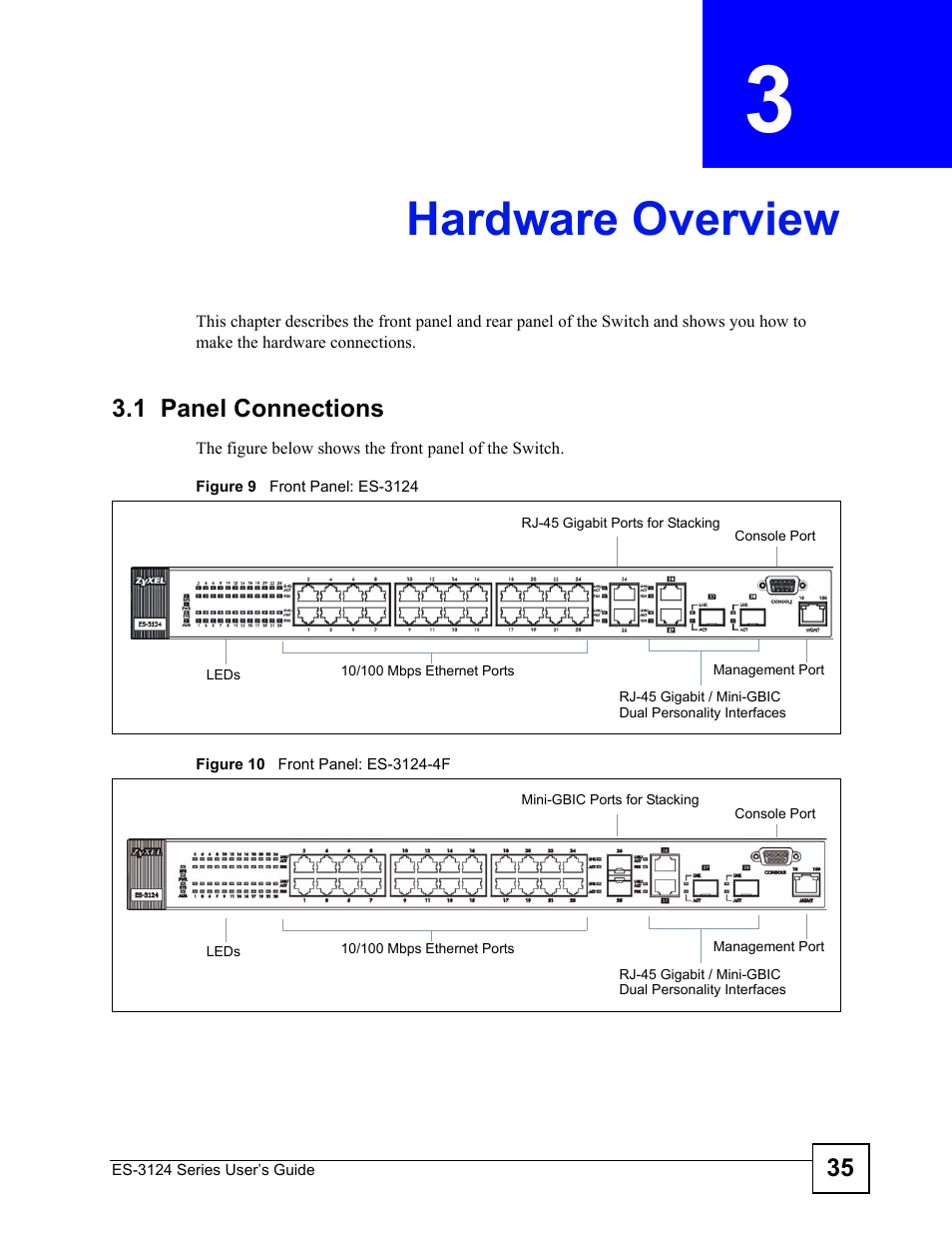 Hardware overview, 1 panel connections, Chapter 3 hardware overview | ZyXEL Communications ES-3124 User Manual | Page 35 / 354