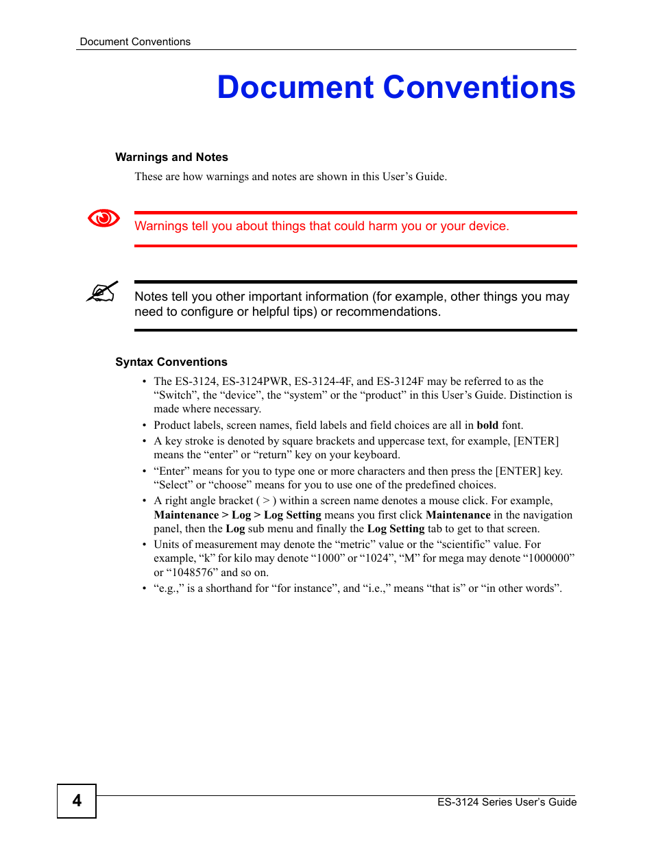 Document conventions | ZyXEL Communications ES-3124 User Manual | Page 4 / 354