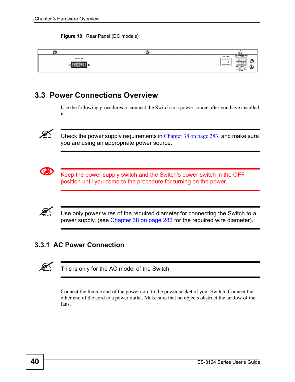 3 power connections overview, 1 ac power connection | ZyXEL Communications ES-3124 User Manual | Page 40 / 354