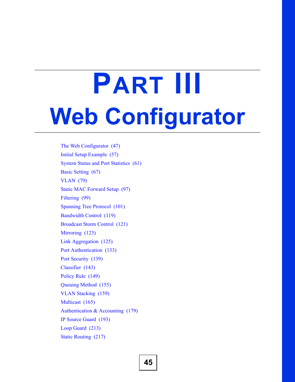 Web configurator, Part iii: web configurator | ZyXEL Communications ES-3124 User Manual | Page 45 / 354
