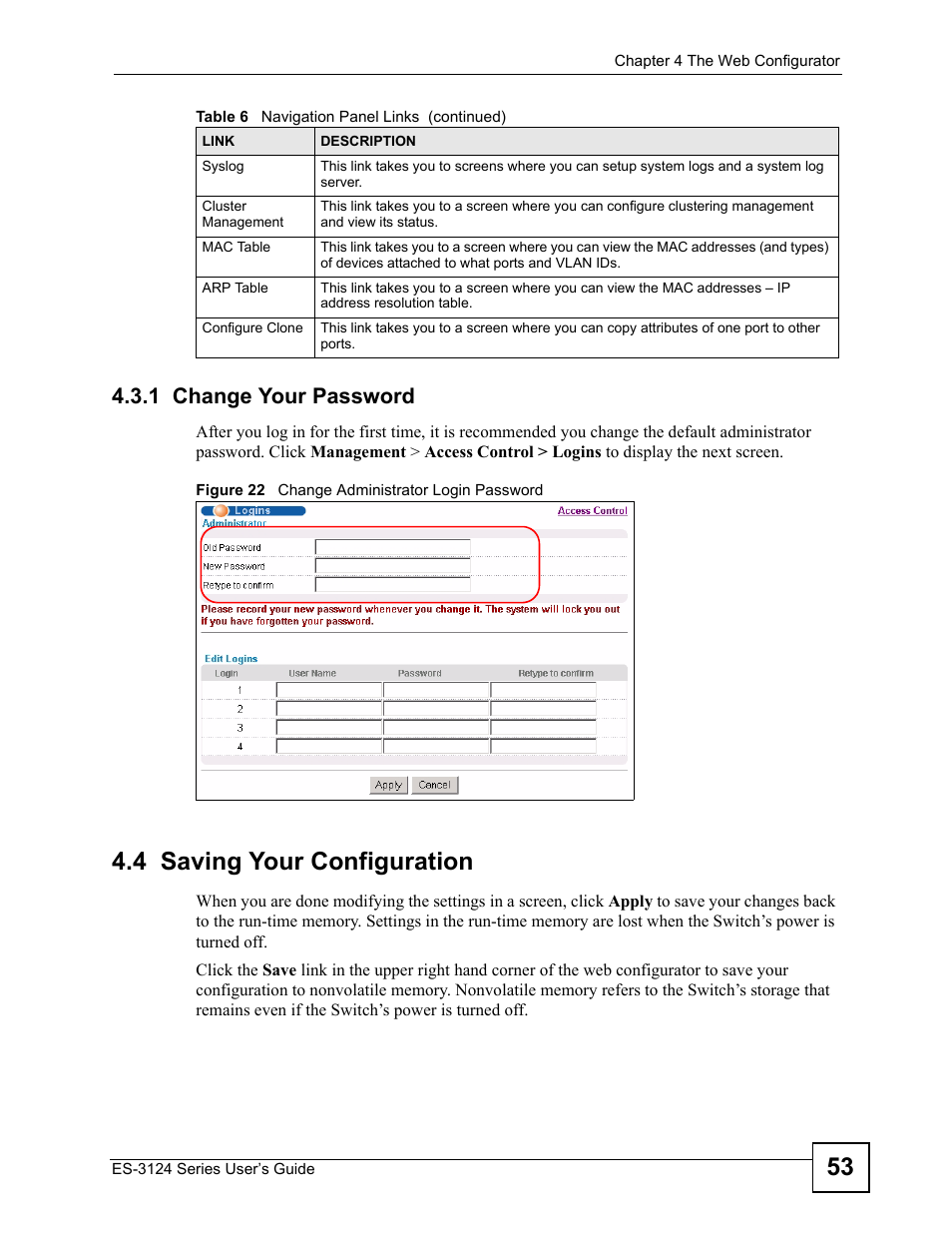 1 change your password, 4 saving your configuration | ZyXEL Communications ES-3124 User Manual | Page 53 / 354