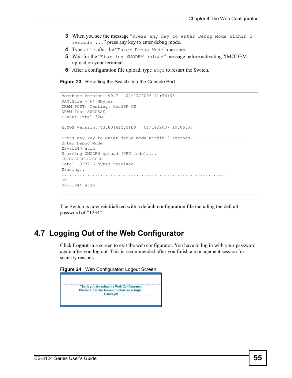 7 logging out of the web configurator | ZyXEL Communications ES-3124 User Manual | Page 55 / 354