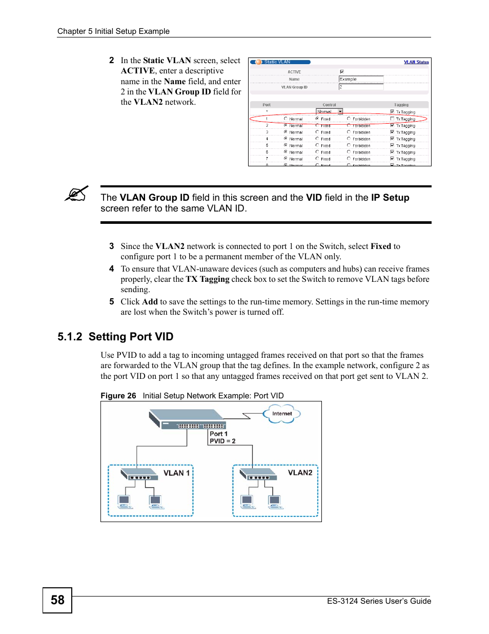 2 setting port vid | ZyXEL Communications ES-3124 User Manual | Page 58 / 354