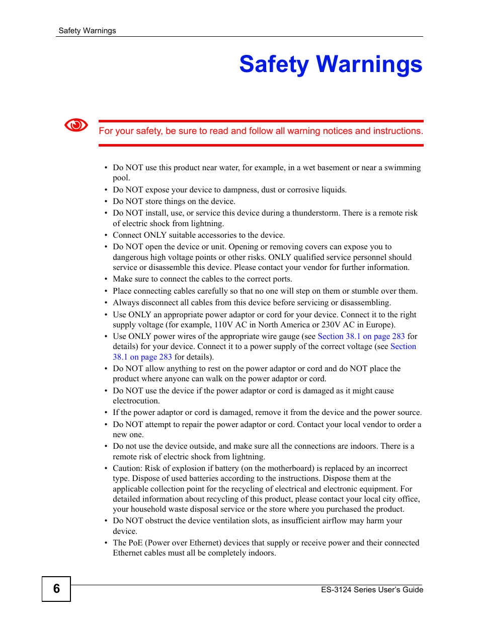 Safety warnings | ZyXEL Communications ES-3124 User Manual | Page 6 / 354