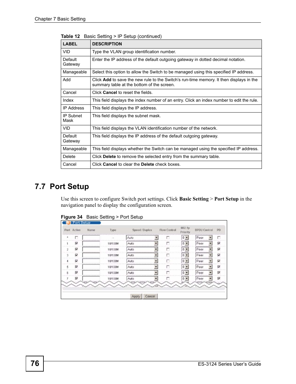 7 port setup, 76 7.7 port setup | ZyXEL Communications ES-3124 User Manual | Page 76 / 354