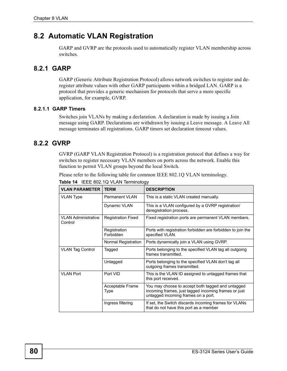 2 automatic vlan registration, 1 garp, 2 gvrp | 1 garp 8.2.2 gvrp, 80 8.2 automatic vlan registration | ZyXEL Communications ES-3124 User Manual | Page 80 / 354