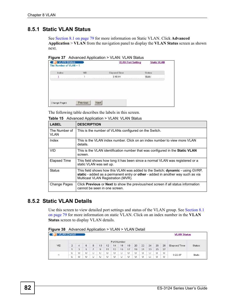 1 static vlan status, 2 static vlan details, 1 static vlan status 8.5.2 static vlan details | ZyXEL Communications ES-3124 User Manual | Page 82 / 354