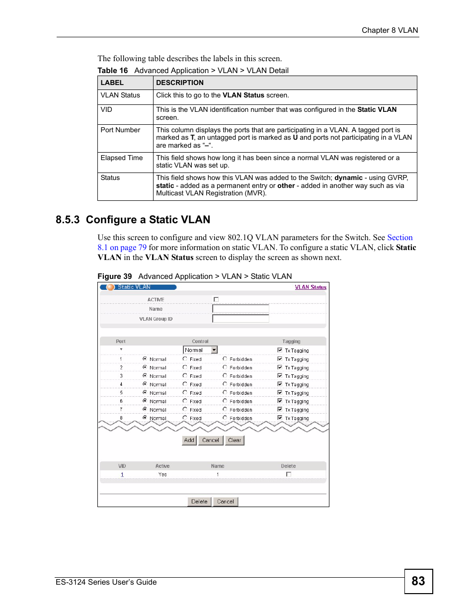 3 configure a static vlan | ZyXEL Communications ES-3124 User Manual | Page 83 / 354