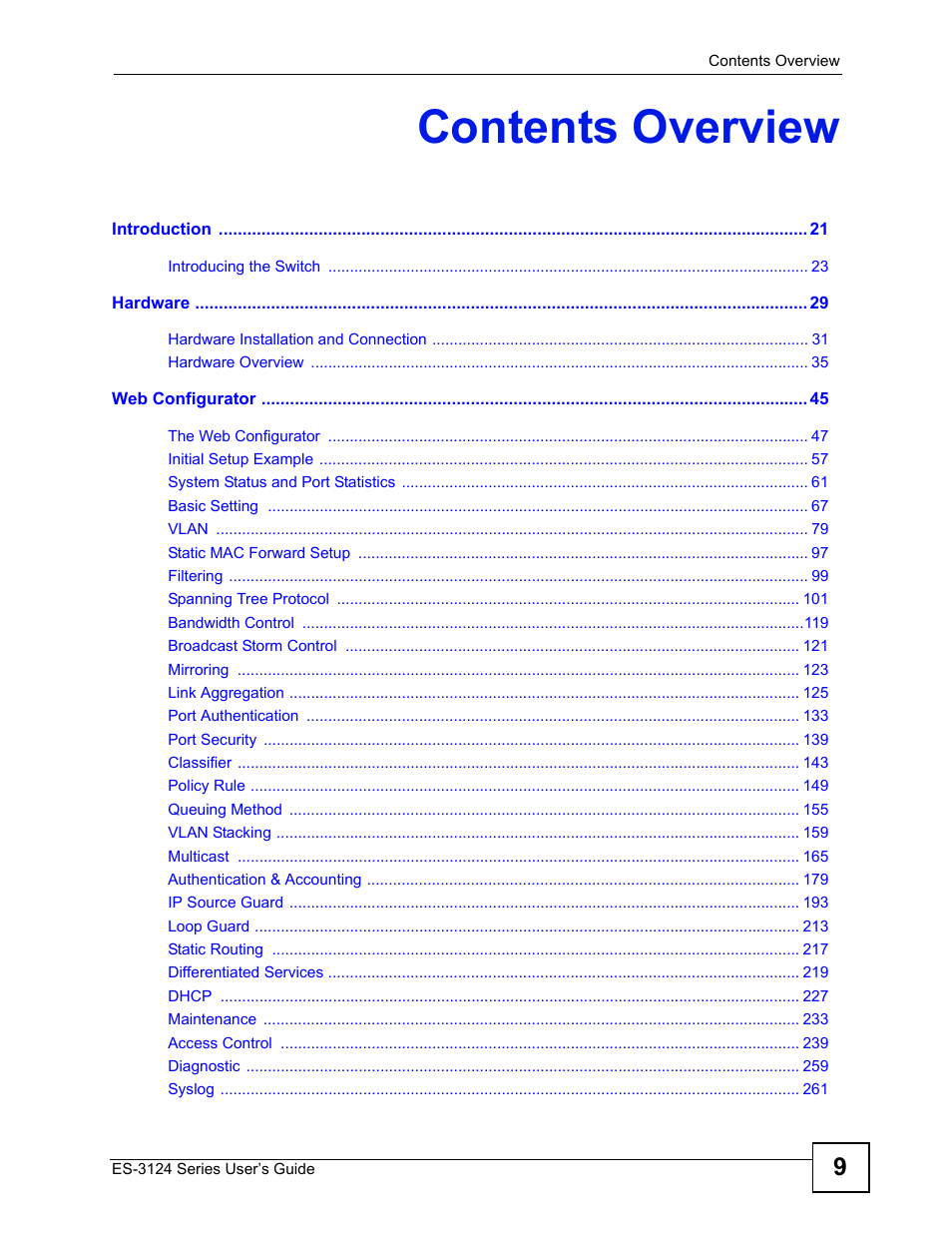 Contents overview | ZyXEL Communications ES-3124 User Manual | Page 9 / 354