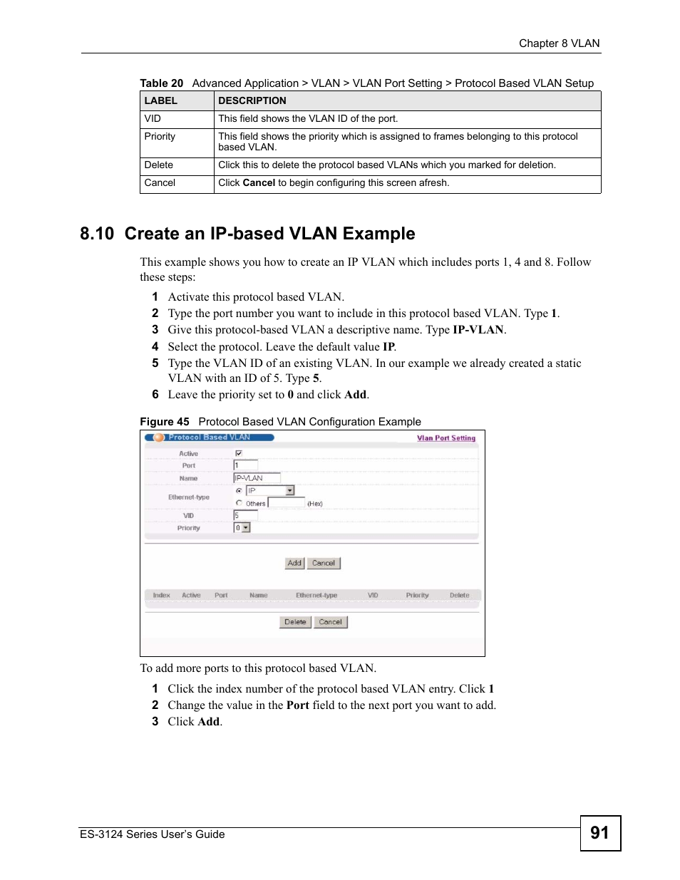 10 create an ip-based vlan example | ZyXEL Communications ES-3124 User Manual | Page 91 / 354