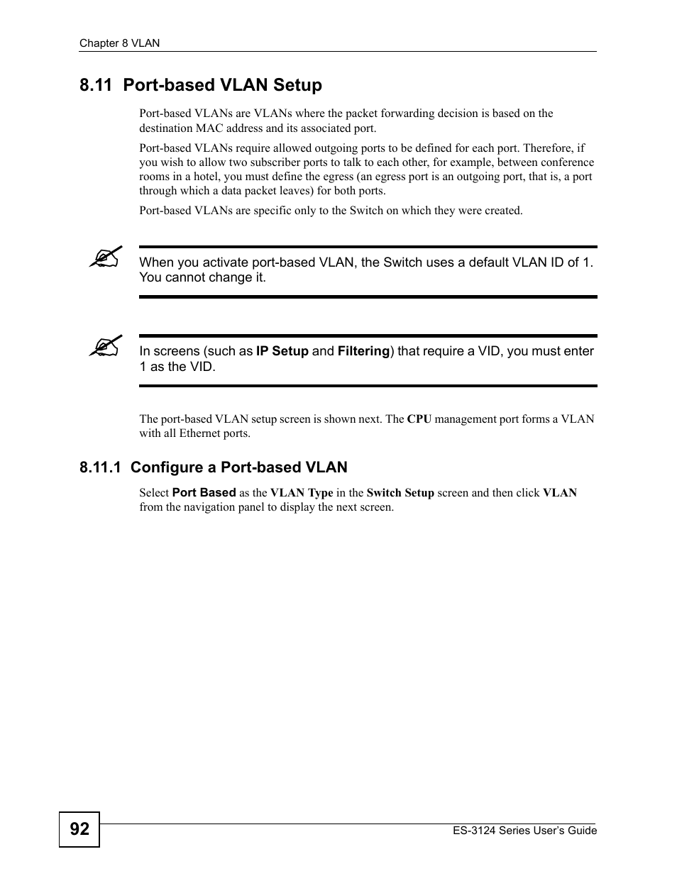 11 port-based vlan setup, 1 configure a port-based vlan | ZyXEL Communications ES-3124 User Manual | Page 92 / 354