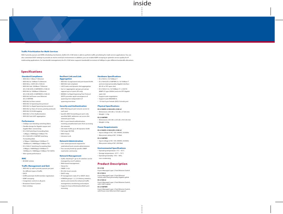 Inside, Specifications, Product description | ZyXEL Communications ISTACKING ES-2108 User Manual | Page 2 / 4