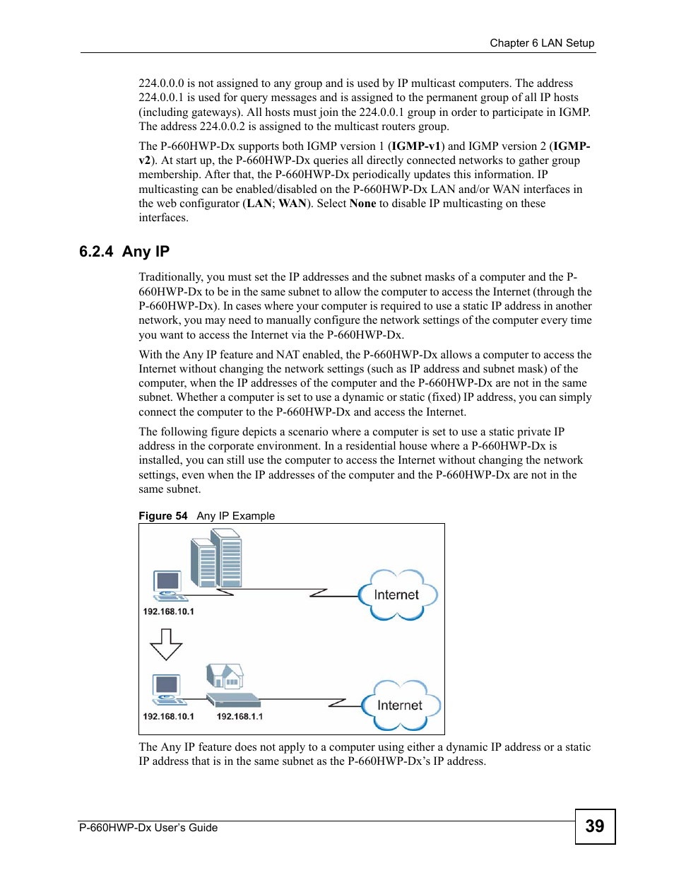 4 any ip, Figure 54 any ip example | ZyXEL Communications 802.11g HomePlug AV ADSL2+ Gateway P-660HWP-Dx User Manual | Page 103 / 402