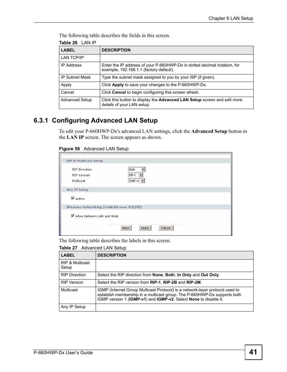 1 configuring advanced lan setup, Figure 56 advanced lan setup, Table 26 lan ip table 27 advanced lan setup | ZyXEL Communications 802.11g HomePlug AV ADSL2+ Gateway P-660HWP-Dx User Manual | Page 105 / 402