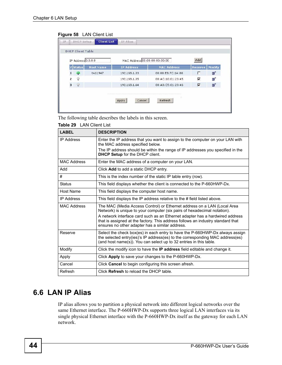 6 lan ip alias, Figure 58 lan client list, Table 29 lan client list | ZyXEL Communications 802.11g HomePlug AV ADSL2+ Gateway P-660HWP-Dx User Manual | Page 108 / 402