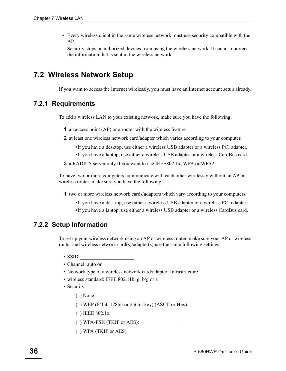 2 wireless network setup, 1 requirements, 2 setup information | 1 requirements 7.2.2 setup information | ZyXEL Communications 802.11g HomePlug AV ADSL2+ Gateway P-660HWP-Dx User Manual | Page 112 / 402