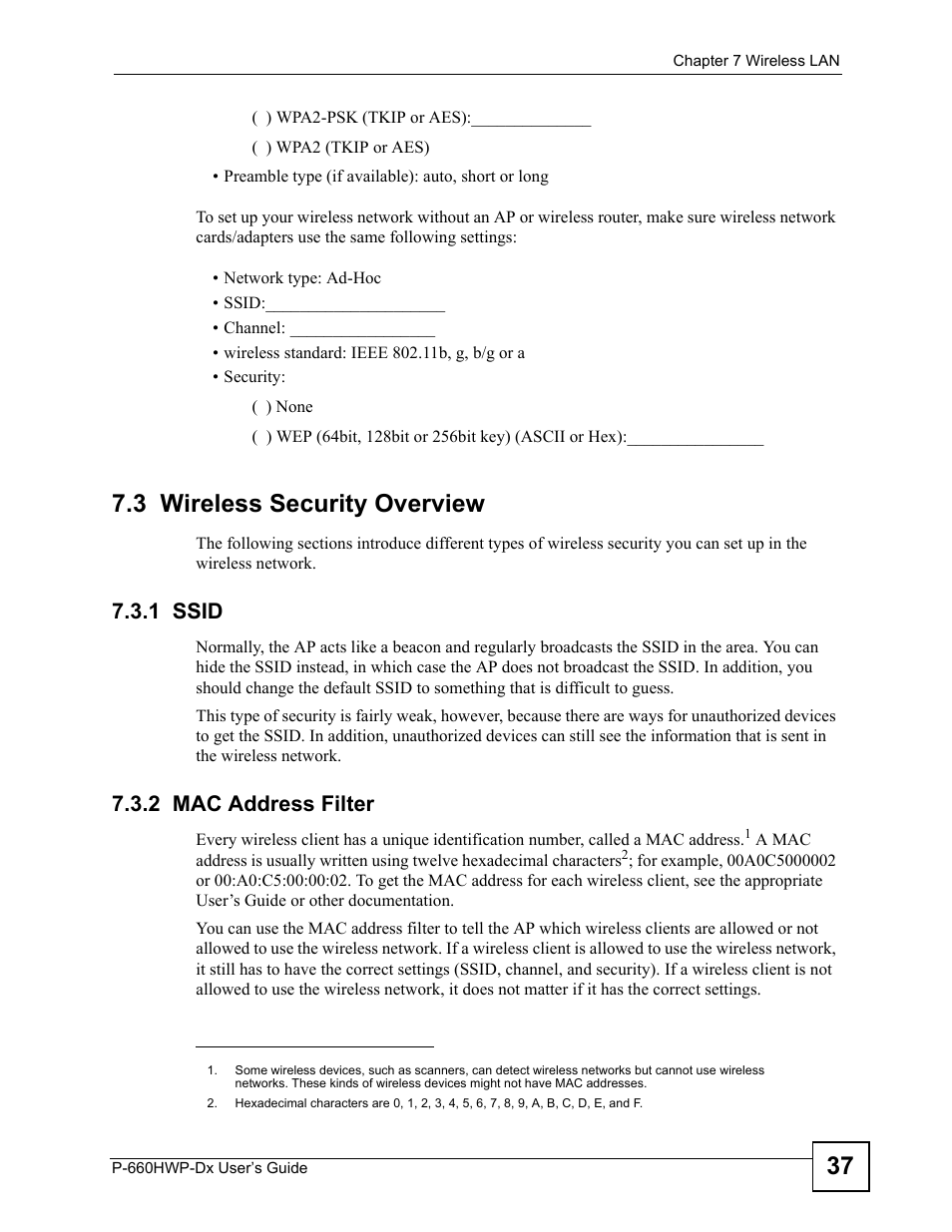 3 wireless security overview, 1 ssid, 2 mac address filter | 1 ssid 7.3.2 mac address filter | ZyXEL Communications 802.11g HomePlug AV ADSL2+ Gateway P-660HWP-Dx User Manual | Page 113 / 402