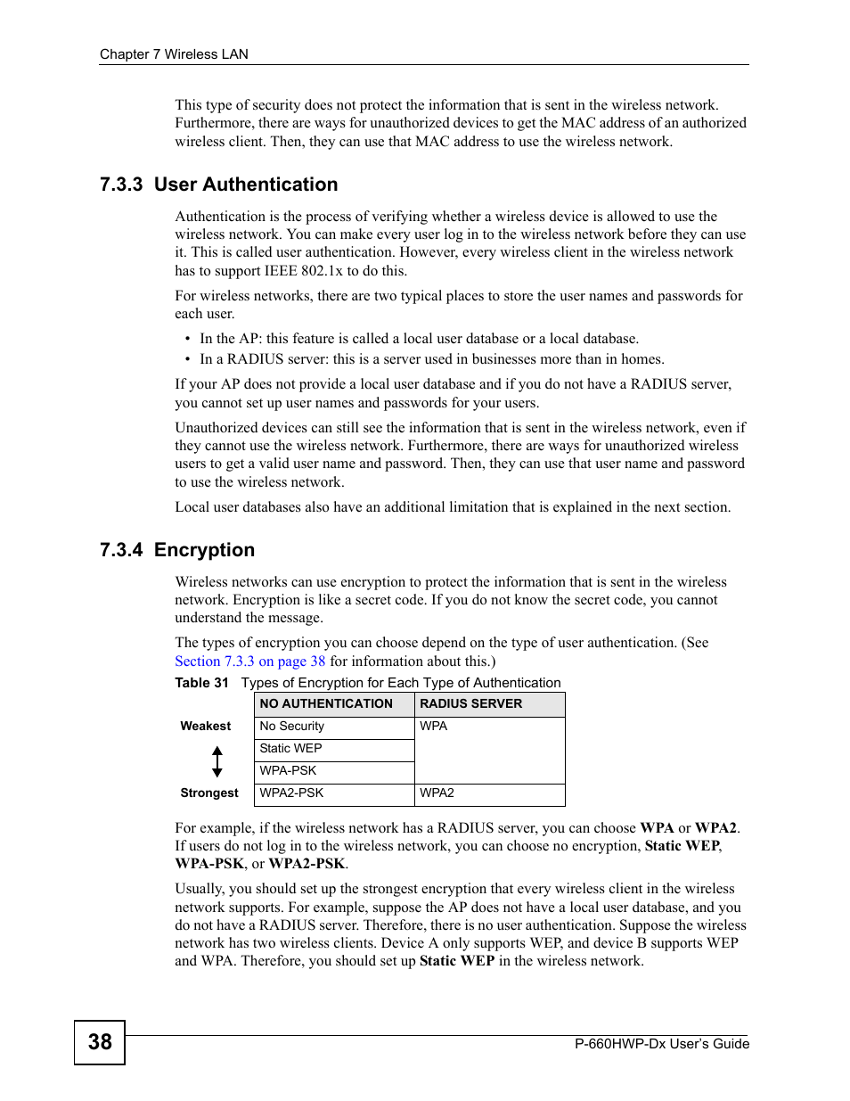 3 user authentication, 4 encryption, 3 user authentication 7.3.4 encryption | ZyXEL Communications 802.11g HomePlug AV ADSL2+ Gateway P-660HWP-Dx User Manual | Page 114 / 402