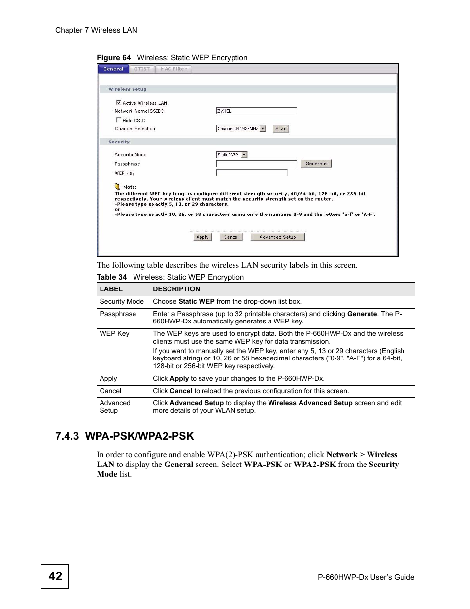 3 wpa-psk/wpa2-psk, Figure 64 wireless: static wep encryption, Table 34 wireless: static wep encryption | ZyXEL Communications 802.11g HomePlug AV ADSL2+ Gateway P-660HWP-Dx User Manual | Page 118 / 402