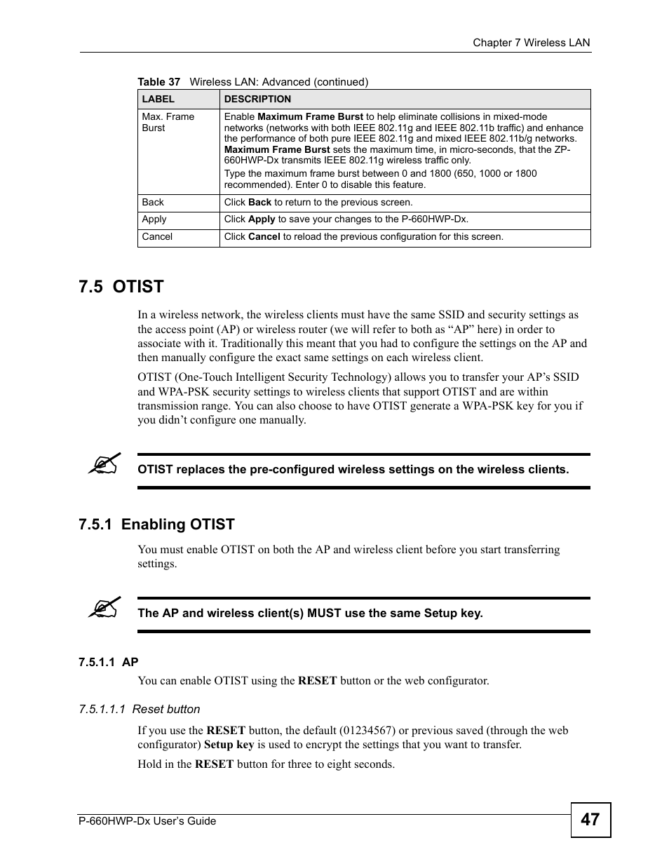 5 otist, 1 enabling otist, 47 7.5 otist | ZyXEL Communications 802.11g HomePlug AV ADSL2+ Gateway P-660HWP-Dx User Manual | Page 123 / 402