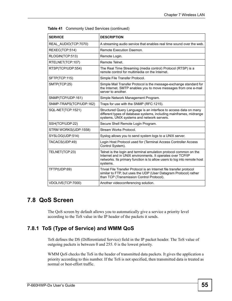 8 qos screen, 1 tos (type of service) and wmm qos, 55 7.8 qos screen | ZyXEL Communications 802.11g HomePlug AV ADSL2+ Gateway P-660HWP-Dx User Manual | Page 131 / 402