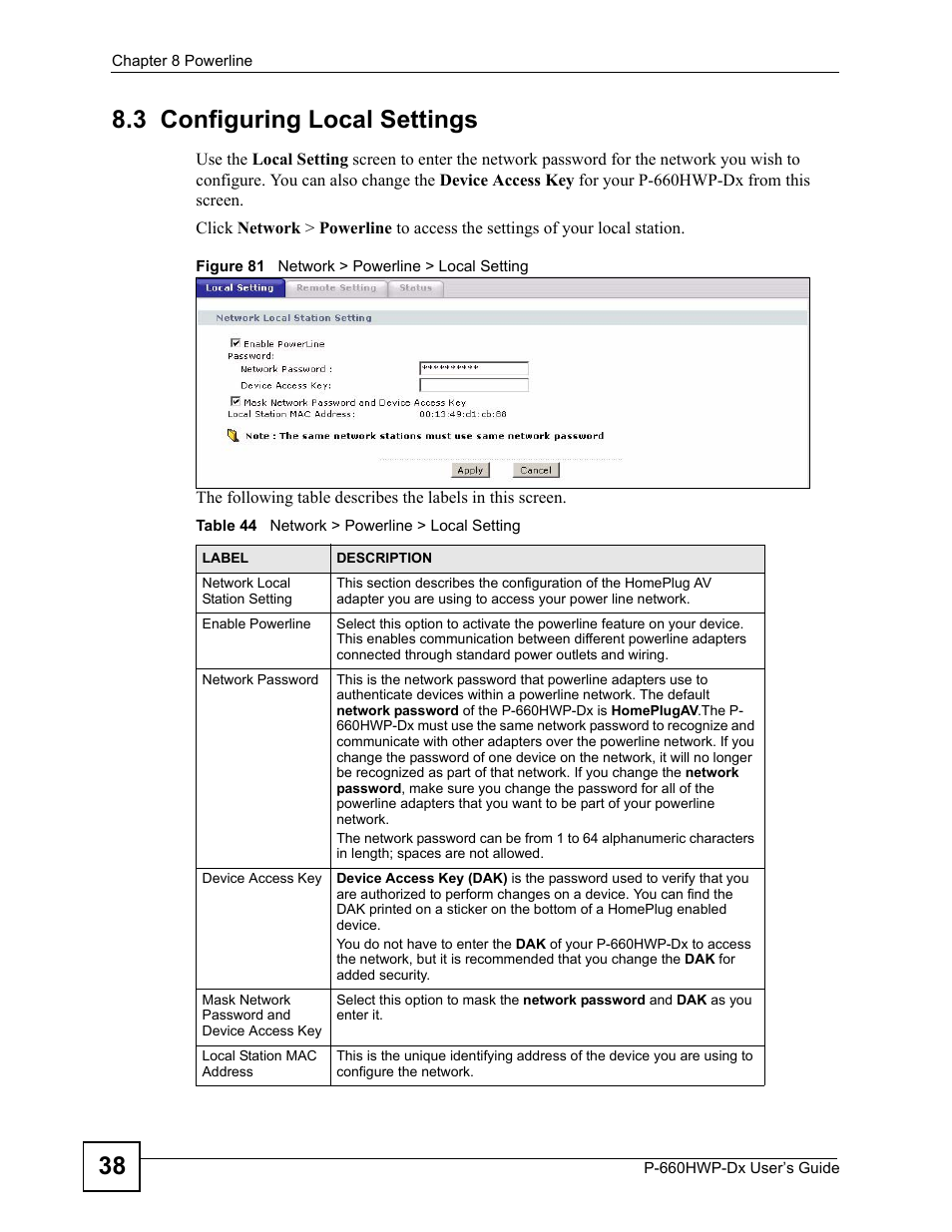 3 configuring local settings, Figure 81 network > powerline > local setting, Table 44 network > powerline > local setting | 38 8.3 configuring local settings | ZyXEL Communications 802.11g HomePlug AV ADSL2+ Gateway P-660HWP-Dx User Manual | Page 138 / 402