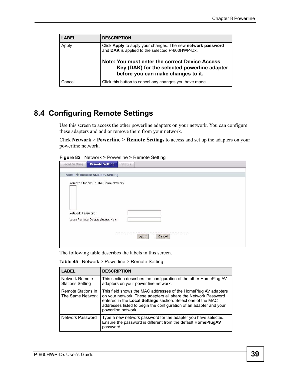 4 configuring remote settings, Figure 82 network > powerline > remote setting, Table 45 network > powerline > remote setting | Section 8.4 on, 39 8.4 configuring remote settings | ZyXEL Communications 802.11g HomePlug AV ADSL2+ Gateway P-660HWP-Dx User Manual | Page 139 / 402