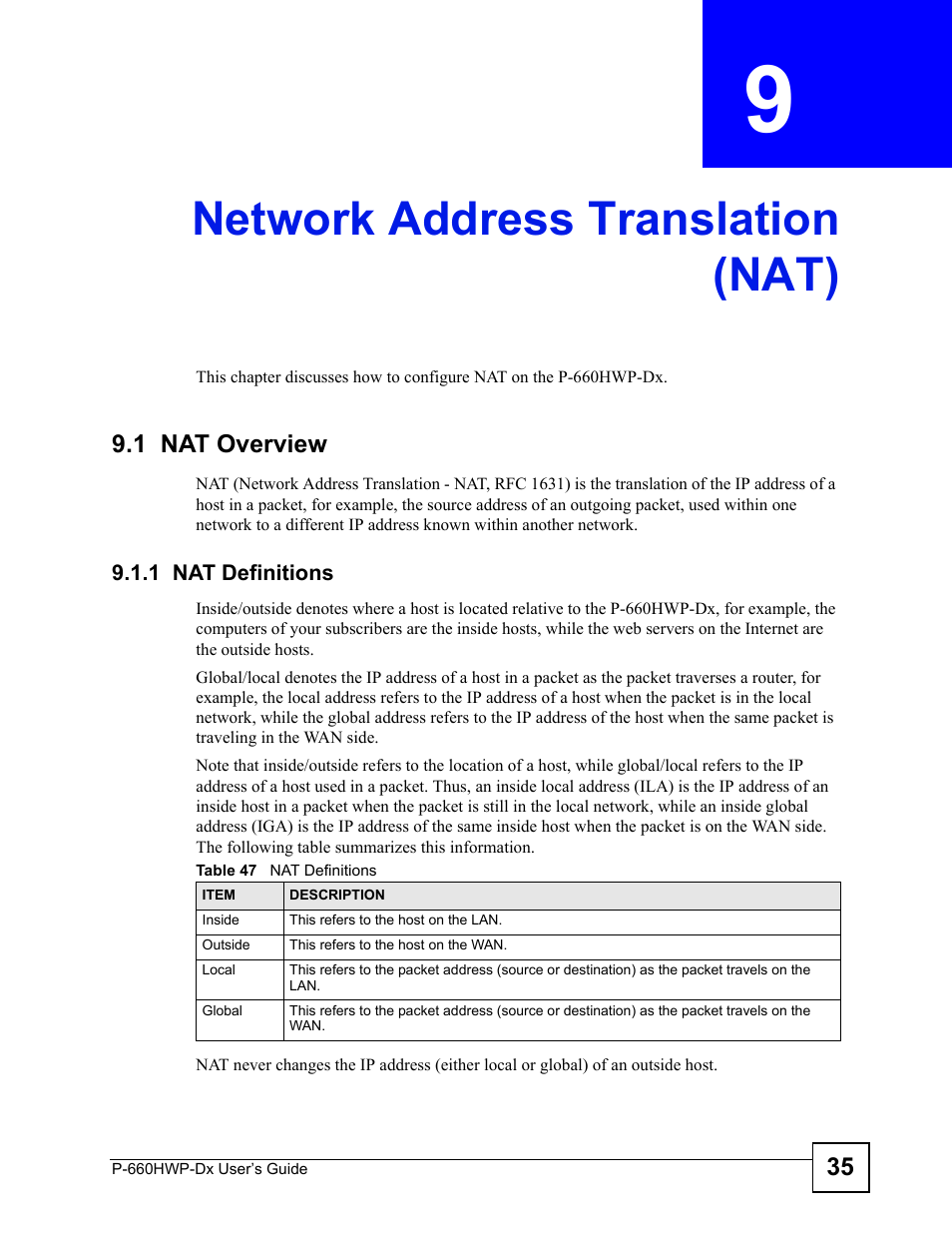 Network address translation (nat), 1 nat overview, 1 nat definitions | Chapter 9 network address translation (nat), Table 47 nat definitions, Network address translation (nat) (143) | ZyXEL Communications 802.11g HomePlug AV ADSL2+ Gateway P-660HWP-Dx User Manual | Page 143 / 402