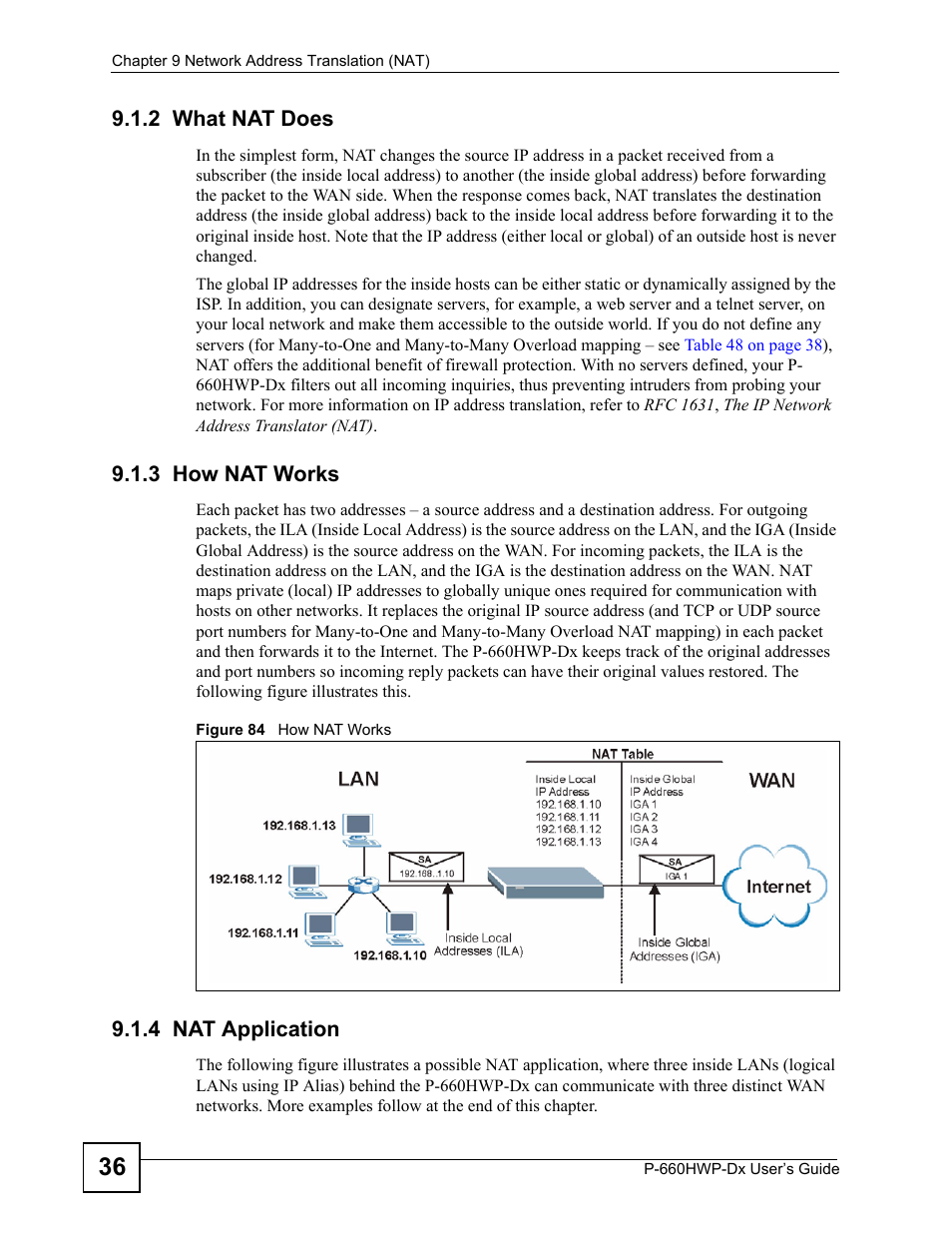 2 what nat does, 3 how nat works, 4 nat application | Figure 84 how nat works | ZyXEL Communications 802.11g HomePlug AV ADSL2+ Gateway P-660HWP-Dx User Manual | Page 144 / 402