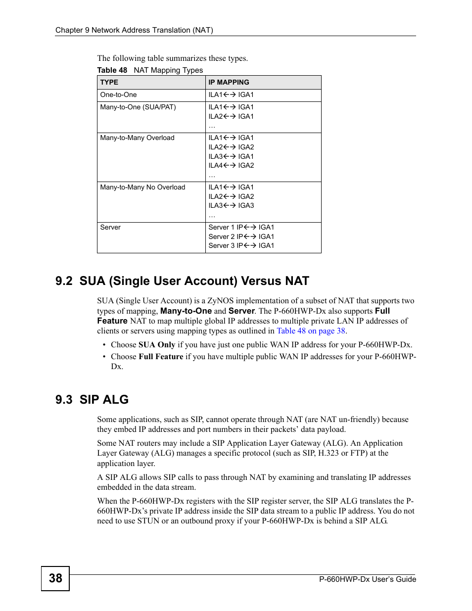 2 sua (single user account) versus nat, 3 sip alg, 2 sua (single user account) versus nat 9.3 sip alg | Table 48 nat mapping types | ZyXEL Communications 802.11g HomePlug AV ADSL2+ Gateway P-660HWP-Dx User Manual | Page 146 / 402
