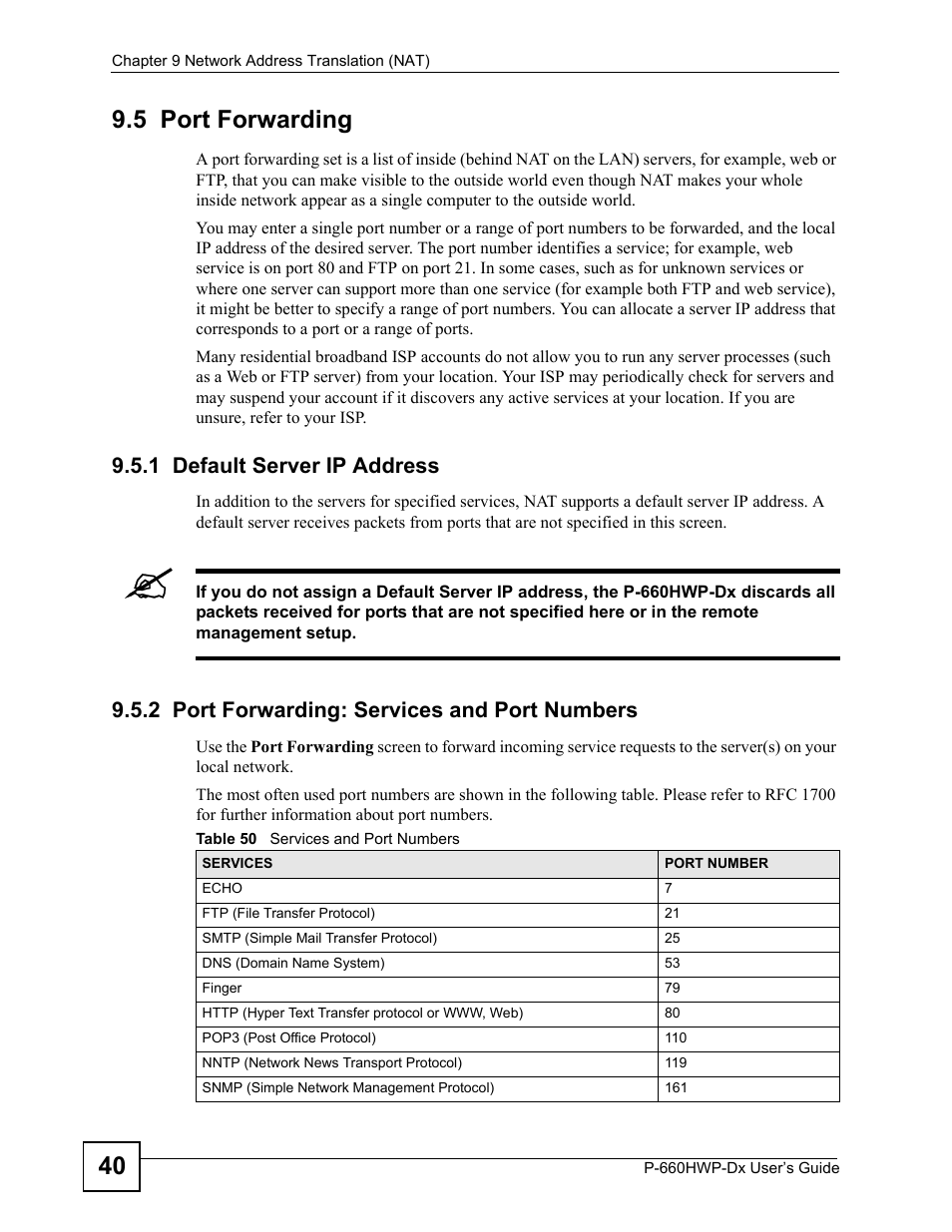 5 port forwarding, 1 default server ip address, 2 port forwarding: services and port numbers | Table 50 services and port numbers, 40 9.5 port forwarding | ZyXEL Communications 802.11g HomePlug AV ADSL2+ Gateway P-660HWP-Dx User Manual | Page 148 / 402