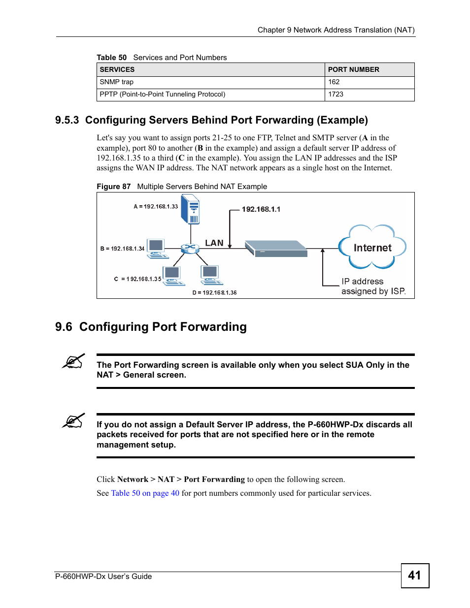 6 configuring port forwarding, Figure 87 multiple servers behind nat example | ZyXEL Communications 802.11g HomePlug AV ADSL2+ Gateway P-660HWP-Dx User Manual | Page 149 / 402