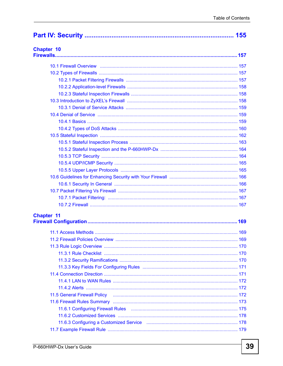 Part iv: security | ZyXEL Communications 802.11g HomePlug AV ADSL2+ Gateway P-660HWP-Dx User Manual | Page 15 / 402