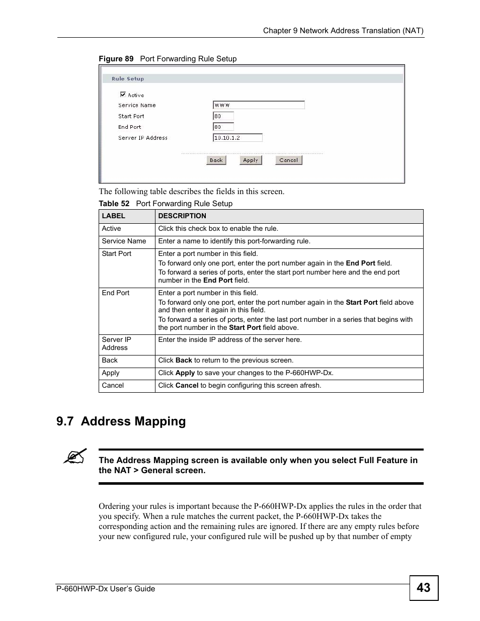 7 address mapping, Figure 89 port forwarding rule setup, Table 52 port forwarding rule setup | ZyXEL Communications 802.11g HomePlug AV ADSL2+ Gateway P-660HWP-Dx User Manual | Page 151 / 402