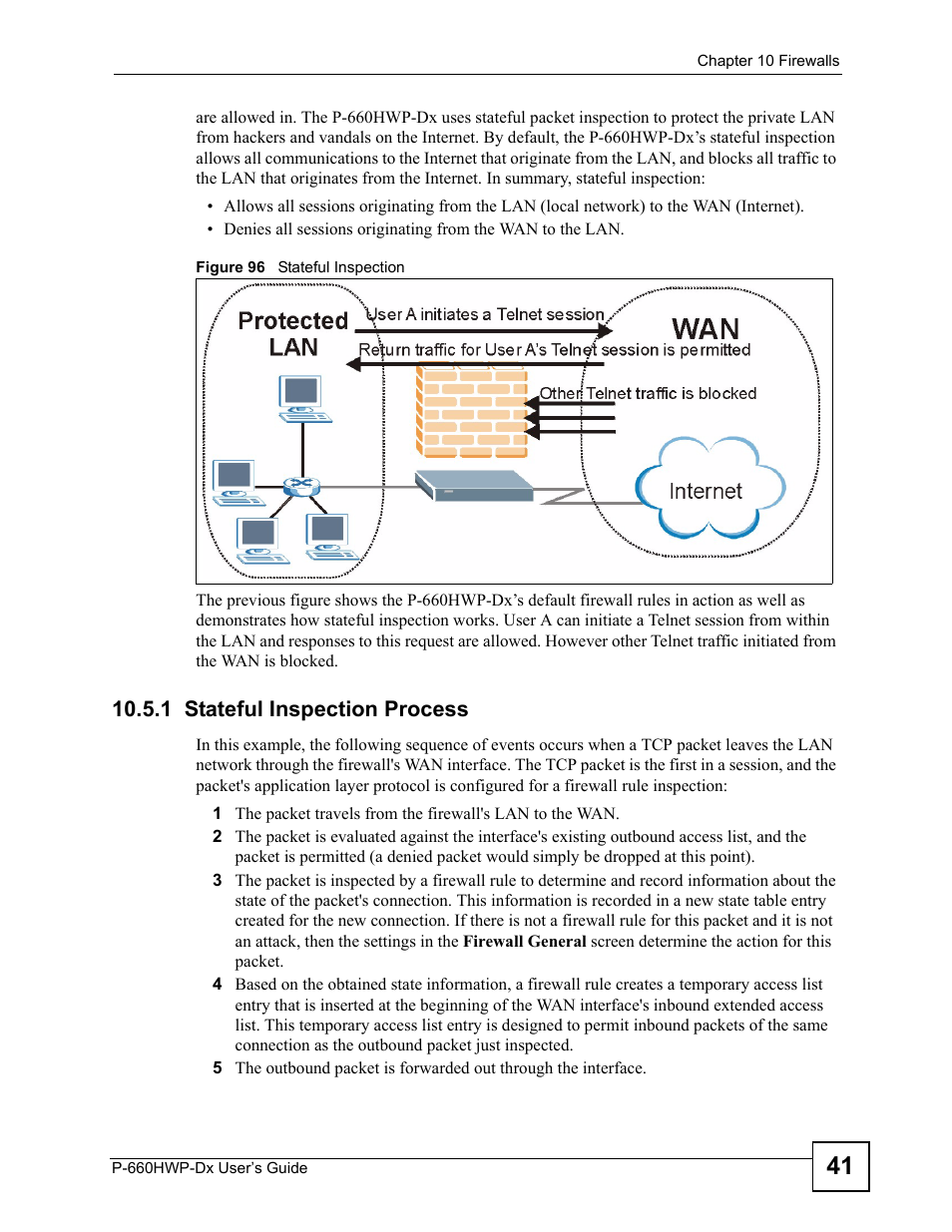 1 stateful inspection process, Figure 96 stateful inspection | ZyXEL Communications 802.11g HomePlug AV ADSL2+ Gateway P-660HWP-Dx User Manual | Page 163 / 402