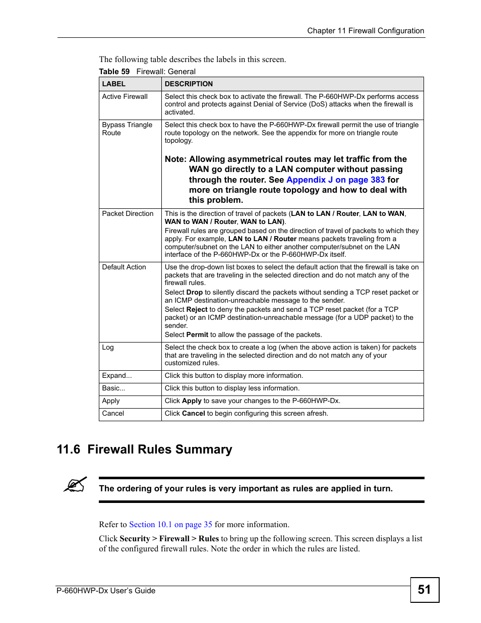 6 firewall rules summary, Table 59 firewall: general, Refer to | ZyXEL Communications 802.11g HomePlug AV ADSL2+ Gateway P-660HWP-Dx User Manual | Page 173 / 402