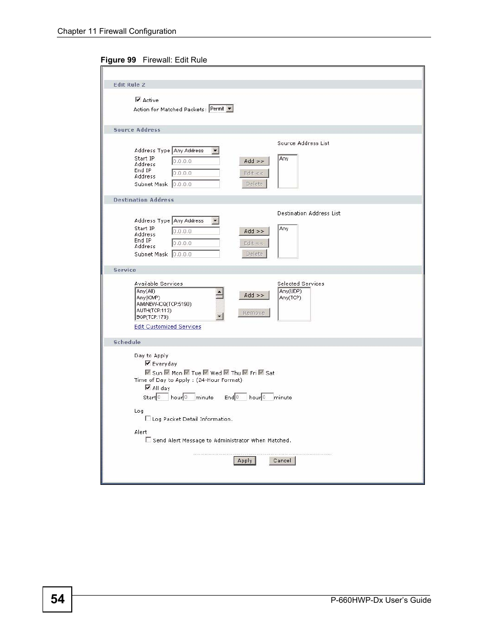 Figure 99 firewall: edit rule, Figure 99 | ZyXEL Communications 802.11g HomePlug AV ADSL2+ Gateway P-660HWP-Dx User Manual | Page 176 / 402