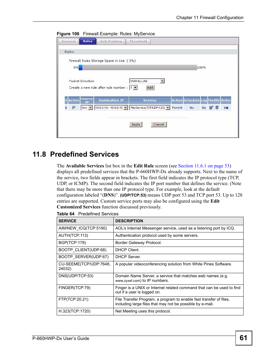 8 predefined services, Figure 106 firewall example: rules: myservice, Table 64 predefined services | ZyXEL Communications 802.11g HomePlug AV ADSL2+ Gateway P-660HWP-Dx User Manual | Page 183 / 402