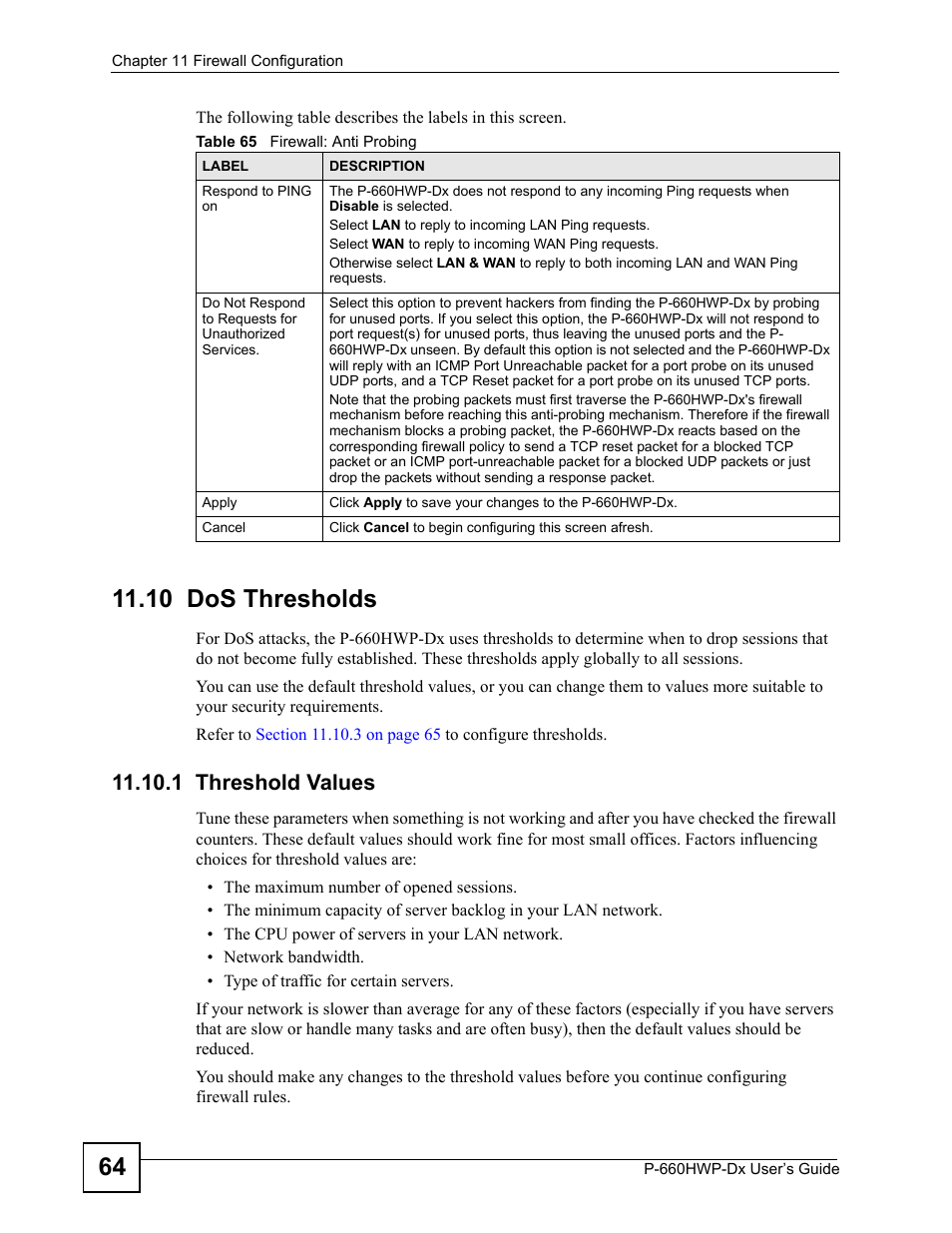 10 dos thresholds, 1 threshold values, Table 65 firewall: anti probing | ZyXEL Communications 802.11g HomePlug AV ADSL2+ Gateway P-660HWP-Dx User Manual | Page 186 / 402