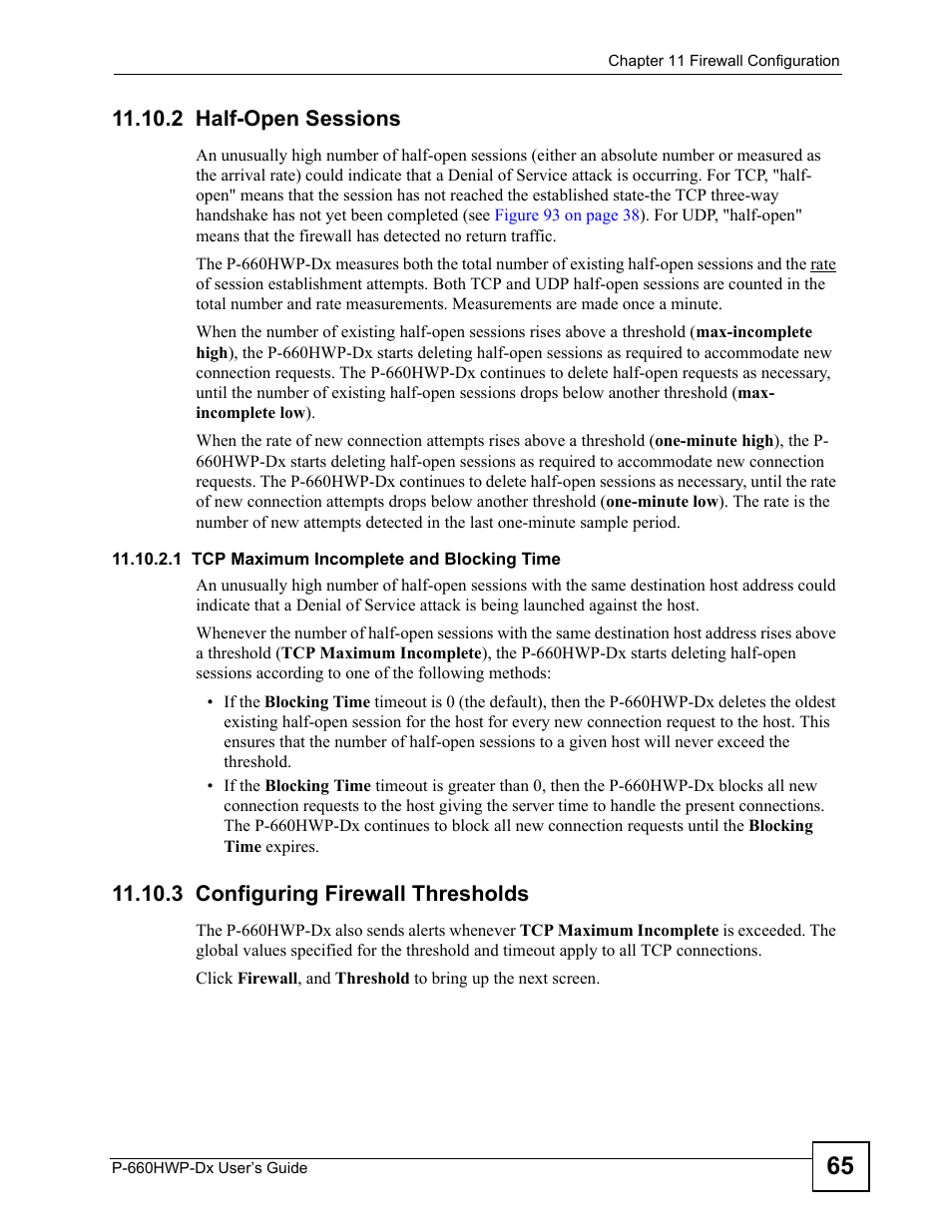 2 half-open sessions, 3 configuring firewall thresholds, Refer to | ZyXEL Communications 802.11g HomePlug AV ADSL2+ Gateway P-660HWP-Dx User Manual | Page 187 / 402