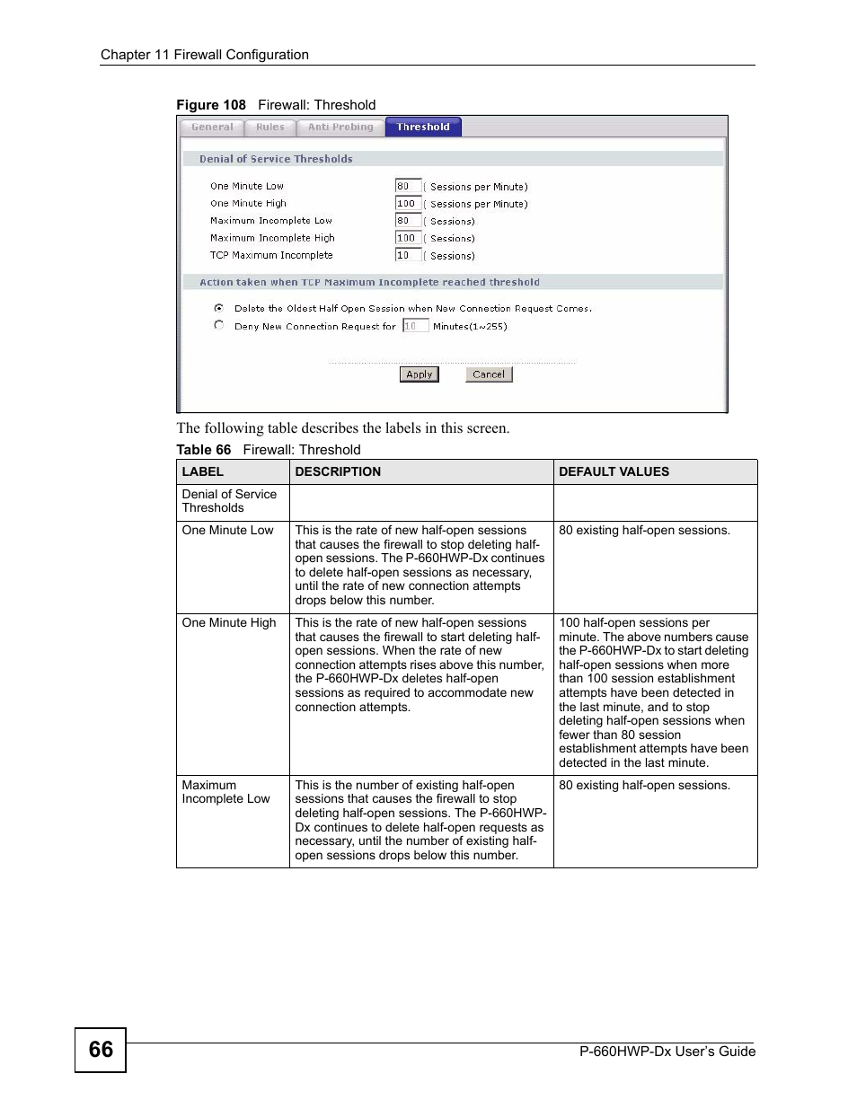 Figure 108 firewall: threshold, Table 66 firewall: threshold | ZyXEL Communications 802.11g HomePlug AV ADSL2+ Gateway P-660HWP-Dx User Manual | Page 188 / 402