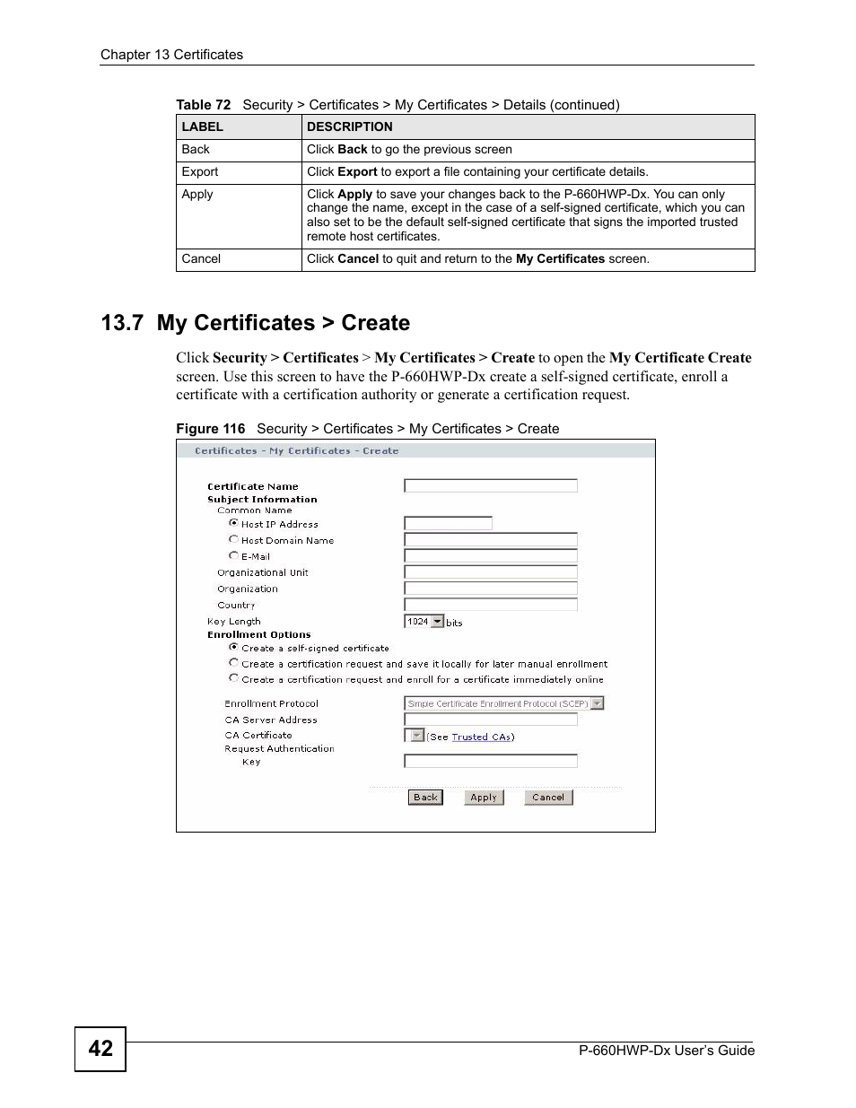7 my certificates > create | ZyXEL Communications 802.11g HomePlug AV ADSL2+ Gateway P-660HWP-Dx User Manual | Page 202 / 402