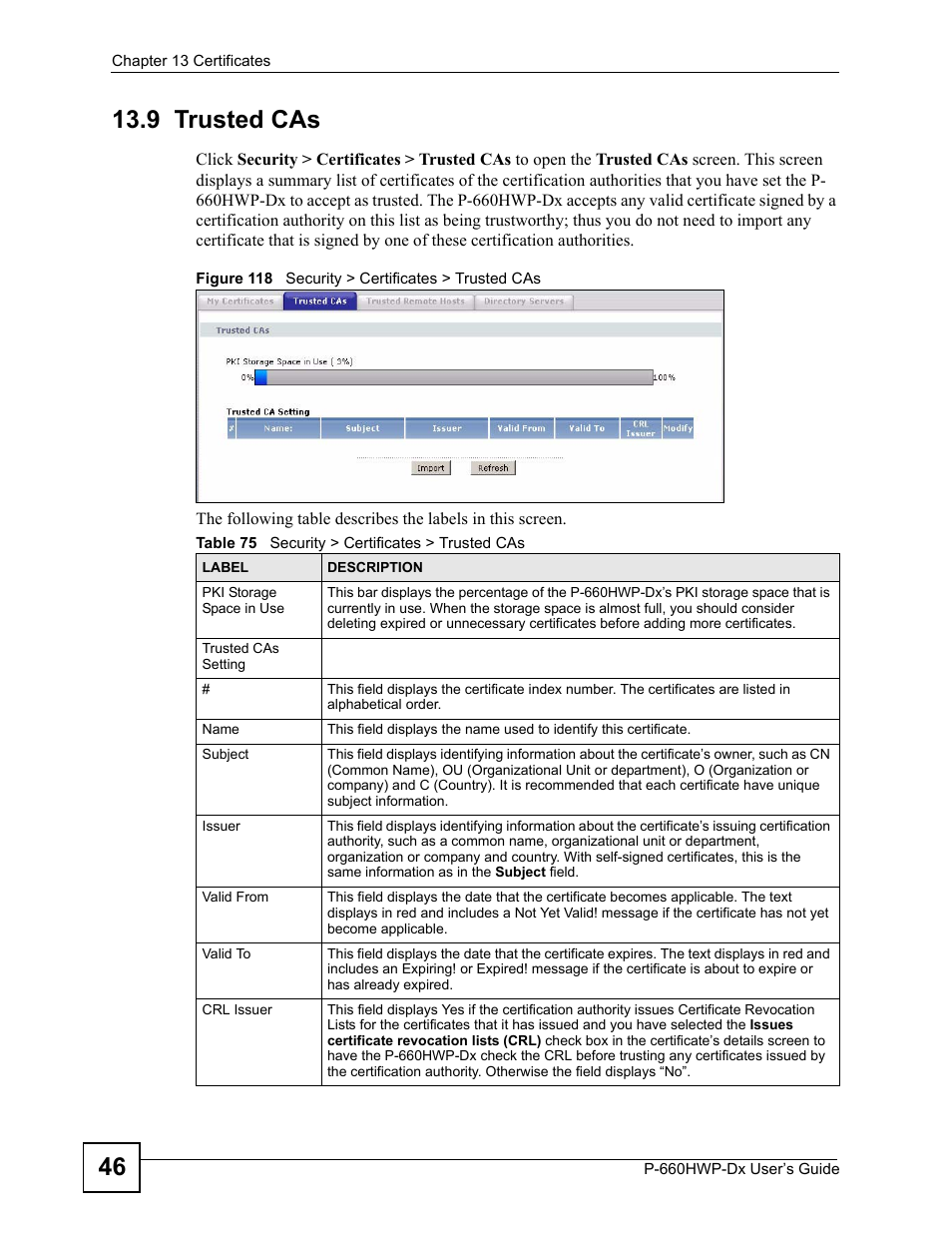 9 trusted cas, Figure 118 security > certificates > trusted cas, Table 75 security > certificates > trusted cas | ZyXEL Communications 802.11g HomePlug AV ADSL2+ Gateway P-660HWP-Dx User Manual | Page 206 / 402